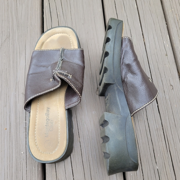 Vintage 90s y2k Bratz Brown Faux Leather Chunky Wedge Platform Slide Sandals 8.5 - Picture 1 of 8